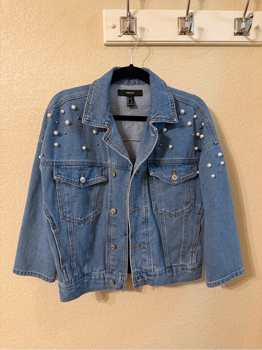 Forever 21 Light Blue Pearl-Studded Denim Jacket